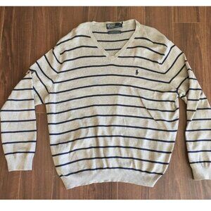 Polo Ralph Lauren Gray Stripe V Neck Pull Over 100% Pima Cotton 42" XL Pullover